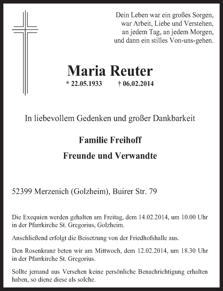  Traueranzeige für Maria Reuter vom 12.02.2014 aus  Werbepost 