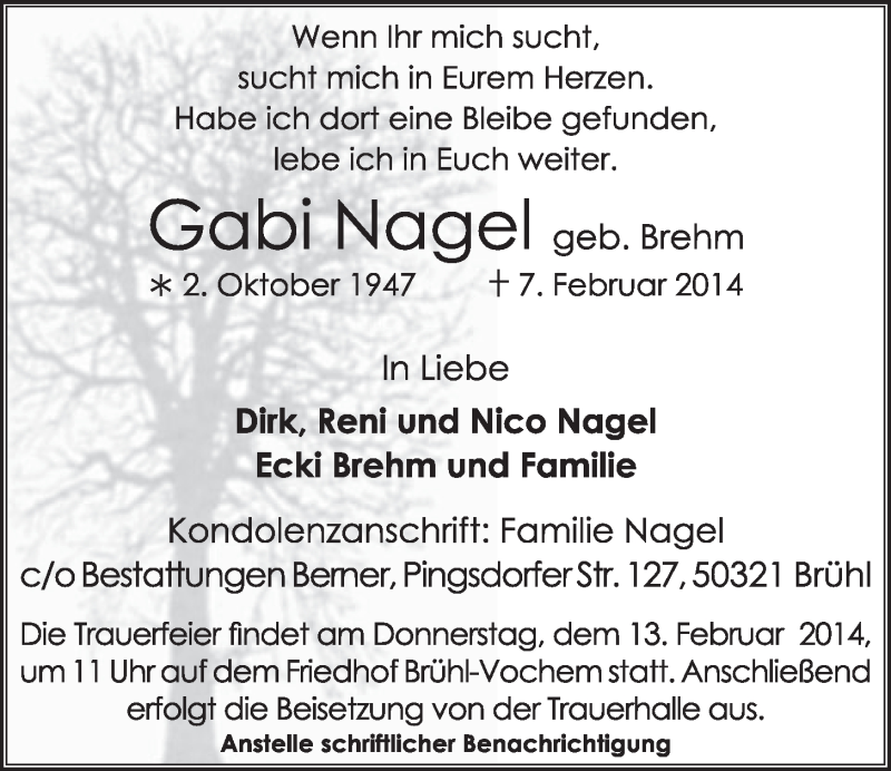 Traueranzeige für Gabi Nagel vom 12.02.2014 aus  Schlossbote/Werbekurier 