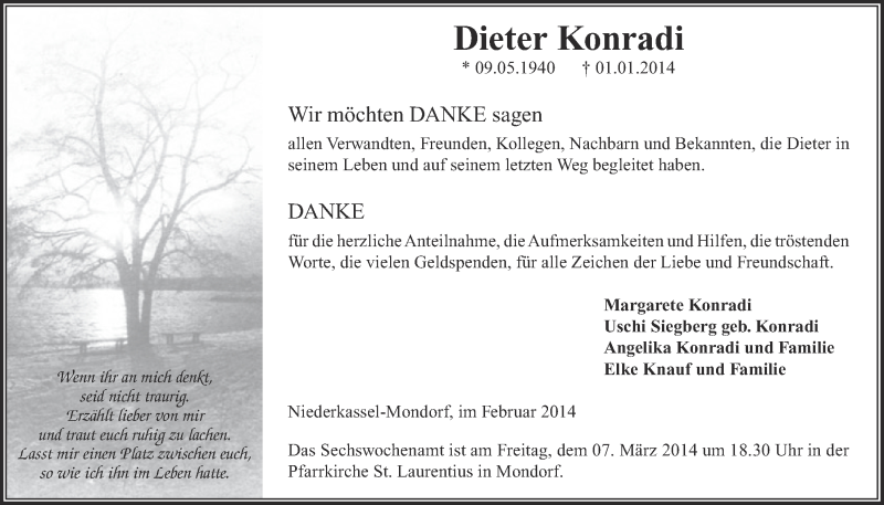  Traueranzeige für Dieter Konradi vom 19.02.2014 aus  Extra Blatt 