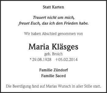 Anzeige von Maria Kläsges von  Kölner Wochenspiegel 