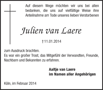 Anzeige von Julien van Laere von  Kölner Wochenspiegel 
