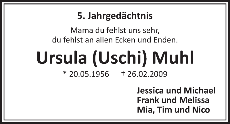  Traueranzeige für Ursula Muhl vom 26.02.2014 aus  Schlossbote/Werbekurier 