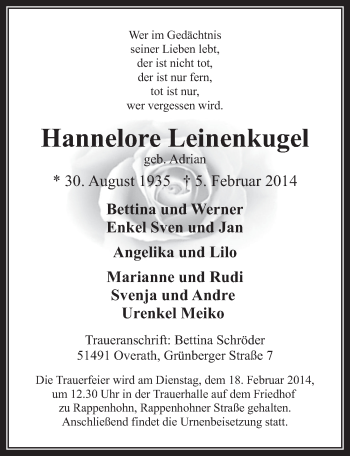 Anzeige von Hannelore Leinenkugel von  Werbepost 