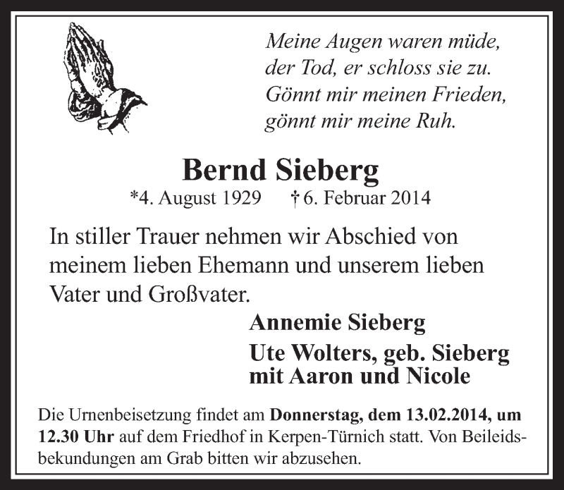  Traueranzeige für Bernd Sieberg vom 12.02.2014 aus  Werbepost 