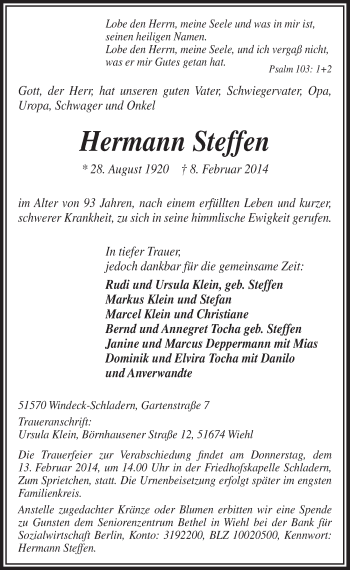 Anzeige von Hermann Steffen von  Lokalanzeiger 