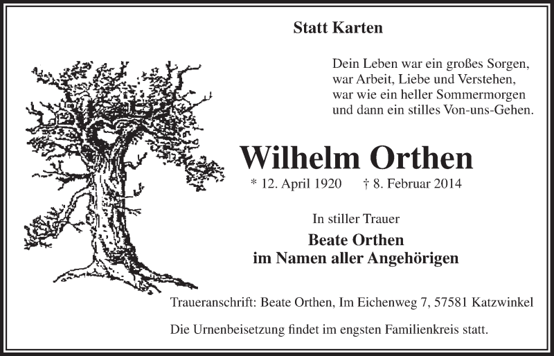  Traueranzeige für Wilhelm Orthen vom 19.02.2014 aus  Lokalanzeiger 