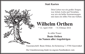 Anzeige von Wilhelm Orthen von  Lokalanzeiger 