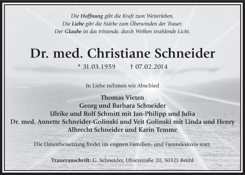  Traueranzeige für Christiane Schneider vom 12.02.2014 aus  Schlossbote/Werbekurier 