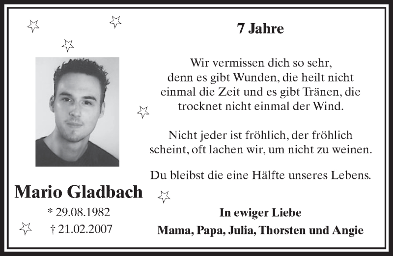  Traueranzeige für Mario Gladbach vom 19.02.2014 aus  Schlossbote/Werbekurier 