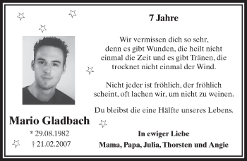 Anzeige von Mario Gladbach von  Schlossbote/Werbekurier 