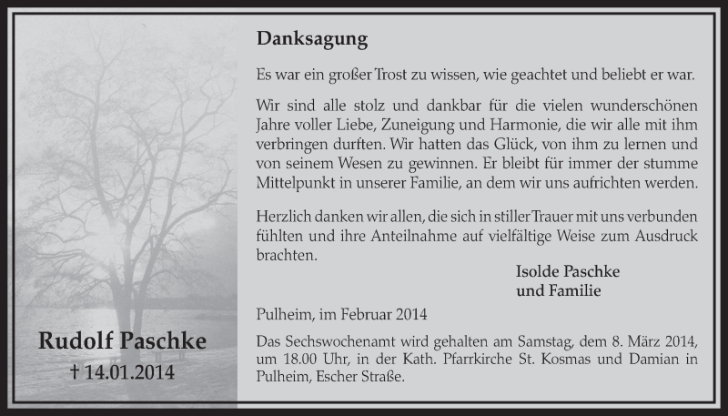  Traueranzeige für Rudolf Paschke vom 22.02.2014 aus  Sonntags-Post 