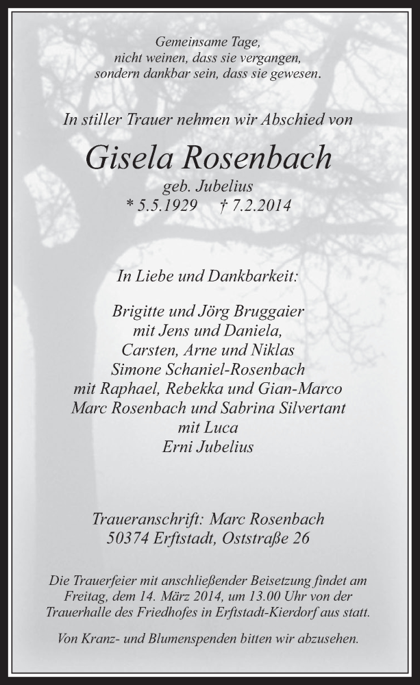  Traueranzeige für Gisela Rosenbach vom 19.02.2014 aus  Werbepost 