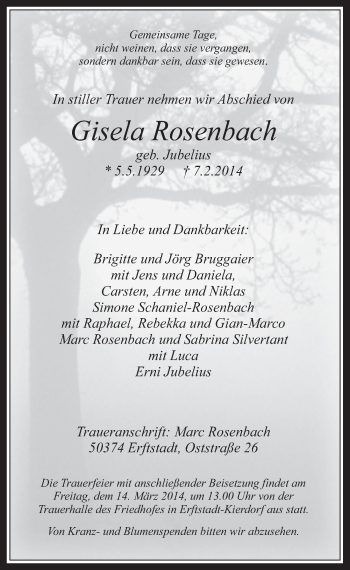 Anzeige von Gisela Rosenbach von  Werbepost 