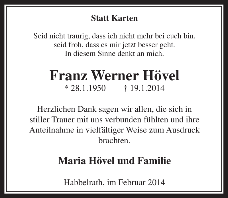  Traueranzeige für Franz Werner Hövel vom 15.02.2014 aus  Sonntags-Post 