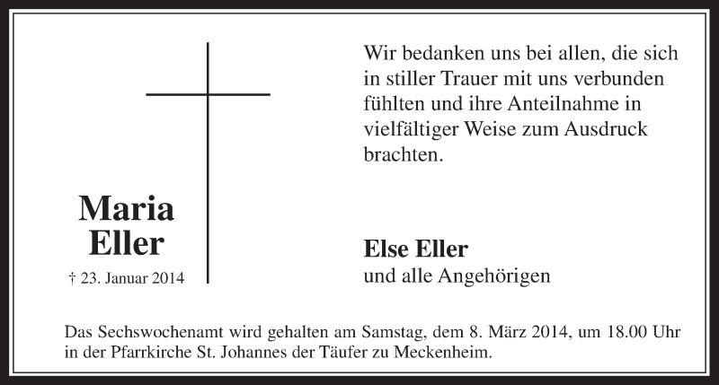  Traueranzeige für Maria Eller vom 19.02.2014 aus  Schaufenster/Blickpunkt 