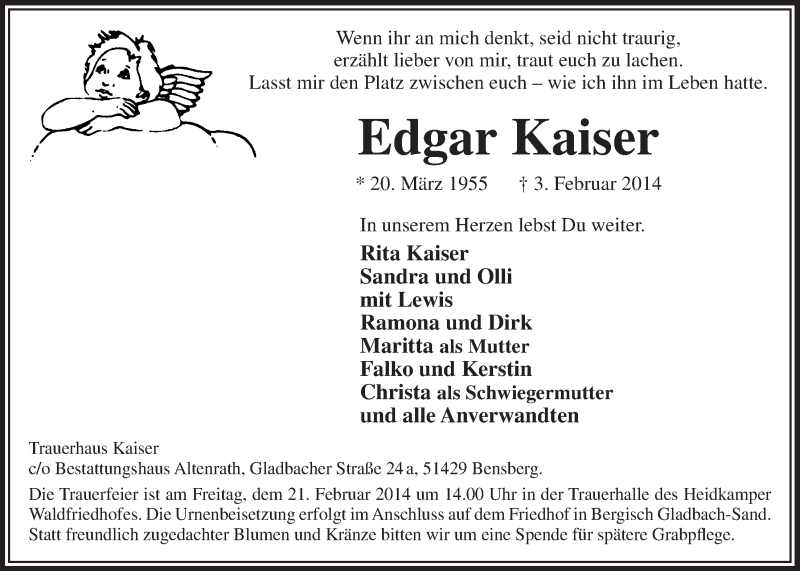 Traueranzeige für Edgar Kaiser vom 19.02.2014 aus  Bergisches Handelsblatt 