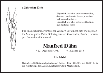 Anzeige von Manfred Dähn von  Schaufenster/Blickpunkt 