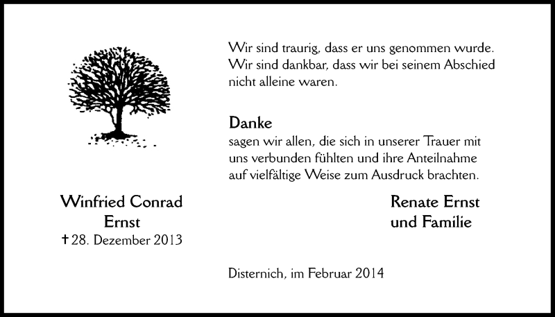  Traueranzeige für Winfried Conrad Ernst vom 16.02.2014 aus  Blickpunkt Euskirchen 