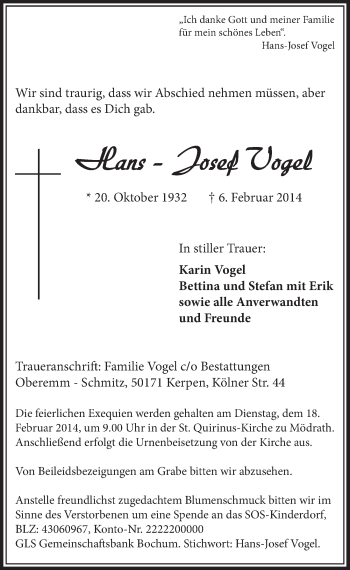 Anzeige von Hans-Josef Vogel von  Sonntags-Post 