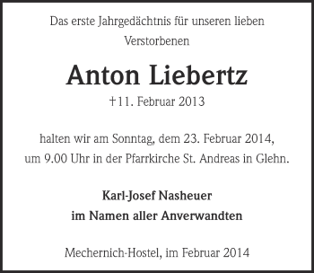 Anzeige von Anton Liebertz von  Blickpunkt Euskirchen 