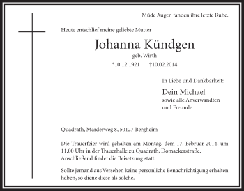Anzeige von Johanna Kündgen von  Sonntags-Post 