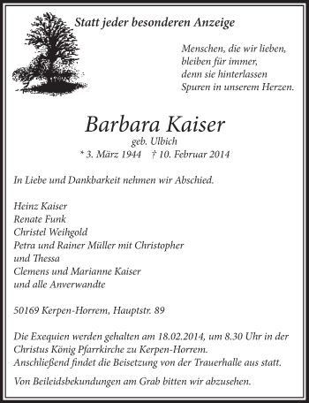 Anzeige von Barbara Kaiser von  Sonntags-Post 