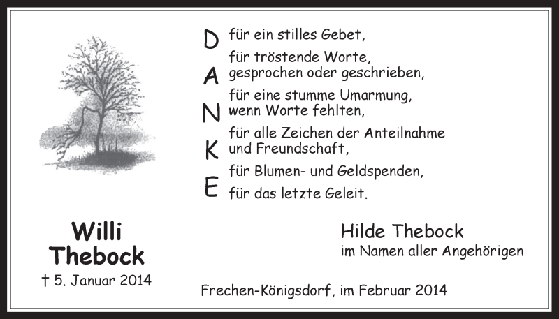  Traueranzeige für Hilde Thebock vom 19.02.2014 aus  Wochenende 