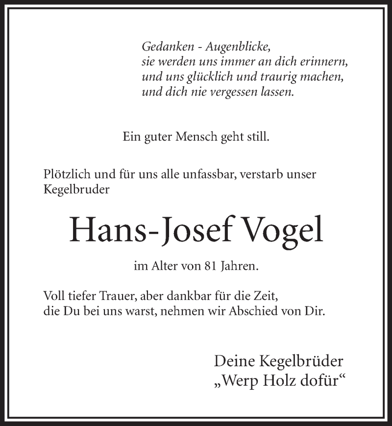  Traueranzeige für Hans-Josef Vogel vom 15.02.2014 aus  Sonntags-Post 