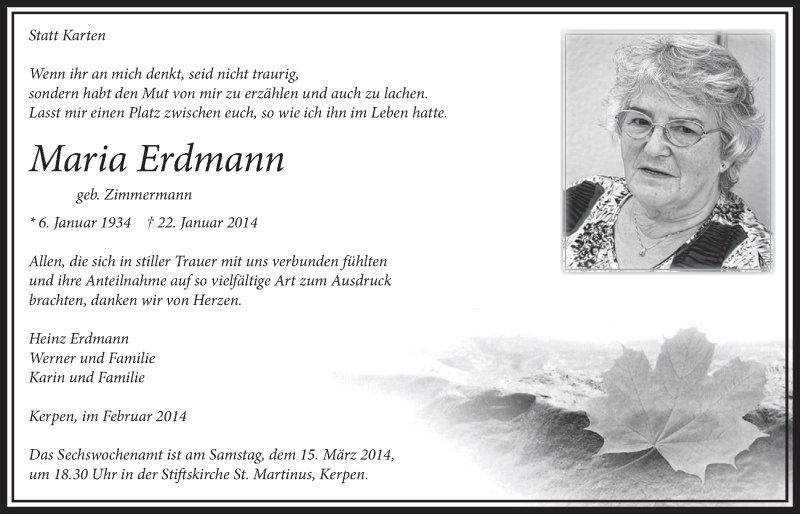  Traueranzeige für Maria Erdmann vom 15.02.2014 aus  Sonntags-Post 