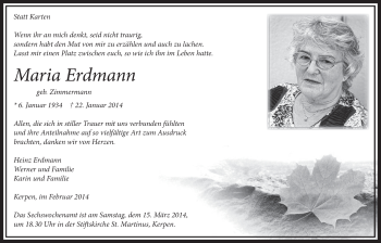 Anzeige von Maria Erdmann von  Sonntags-Post 