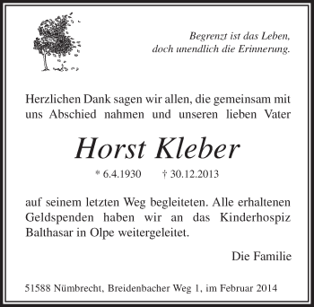 Anzeige von Horst Kleber von  Lokalanzeiger 