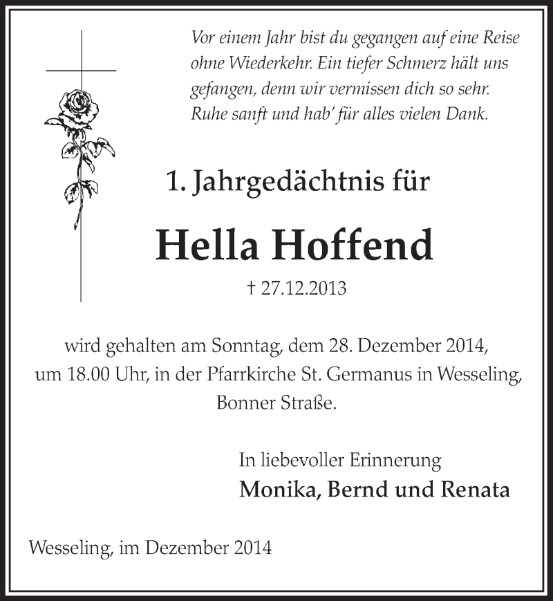 Traueranzeige für Hella Hoffend vom 23.12.2014 aus  Schlossbote/Werbekurier 