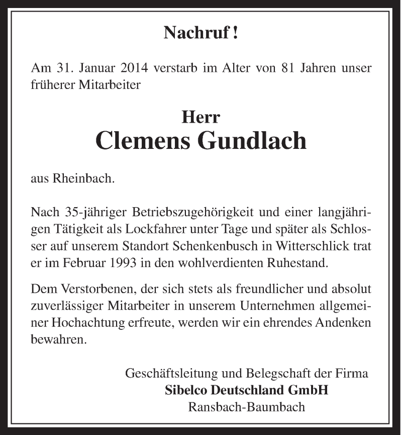  Traueranzeige für Clemens Gundlach vom 19.02.2014 aus  Schaufenster/Blickpunkt 