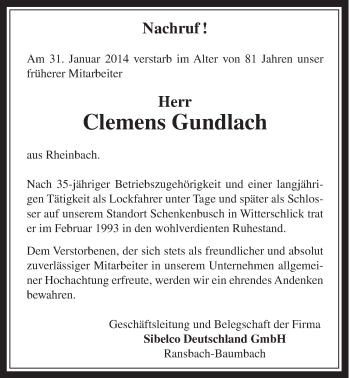 Anzeige von Clemens Gundlach von  Schaufenster/Blickpunkt 