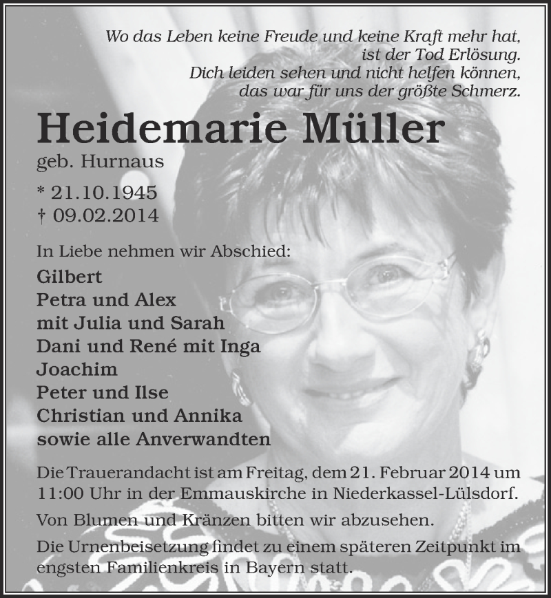  Traueranzeige für Heidemarie Müller vom 19.02.2014 aus  Extra Blatt 