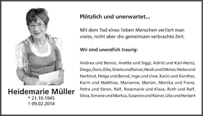  Traueranzeige für Heidemarie Müller vom 19.02.2014 aus  Extra Blatt 