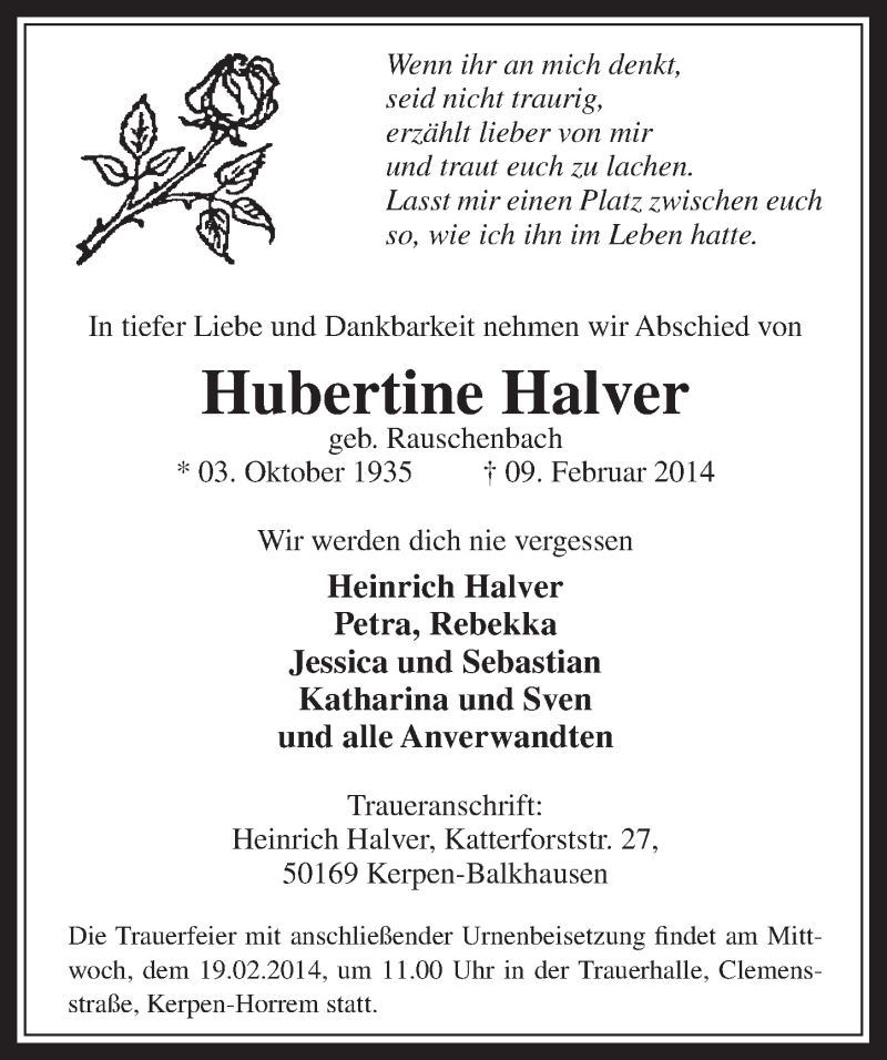  Traueranzeige für Hubertine Halver vom 15.02.2014 aus  Sonntags-Post 