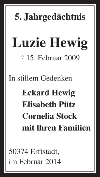Anzeige von Luzie Hewig von  Sonntags-Post 