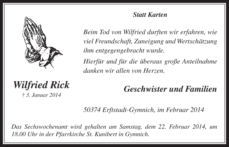  Traueranzeige für Wilfried Rick vom 19.02.2014 aus  Werbepost 