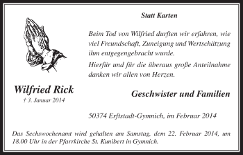 Anzeige von Wilfried Rick von  Werbepost 