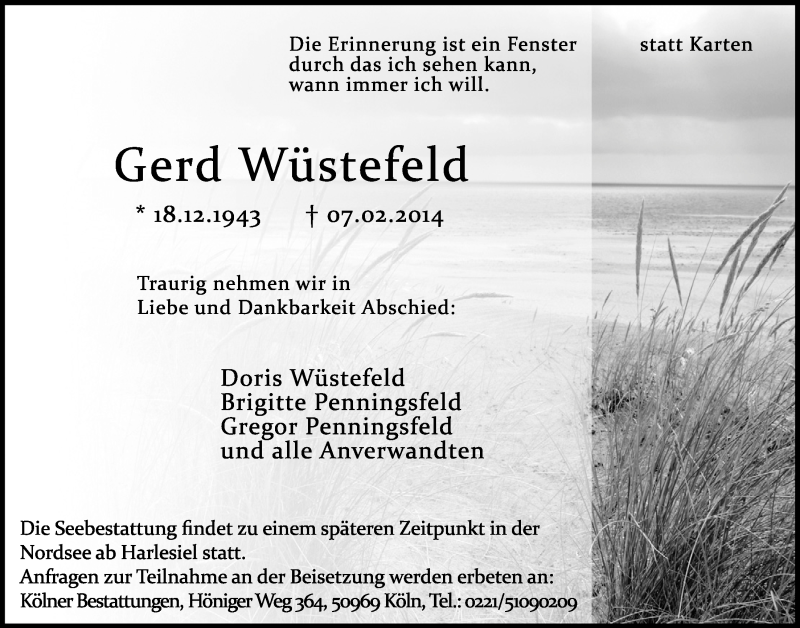  Traueranzeige für Gerd Wüstefeld vom 15.02.2014 aus  Sonntags-Post 