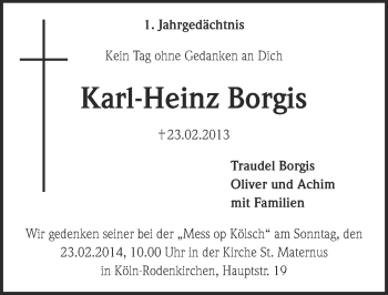 Anzeige von Karl-Heinz Borgis von  Kölner Wochenspiegel 