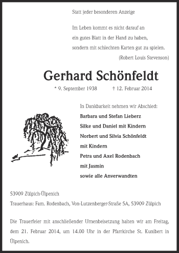 Anzeige von Gerhard Schönfeldt von  Blickpunkt Euskirchen 