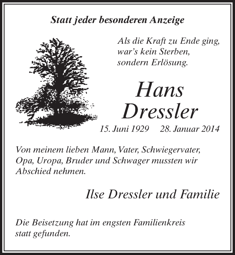  Traueranzeige für Hans Dressler vom 15.02.2014 aus  Sonntags-Post 