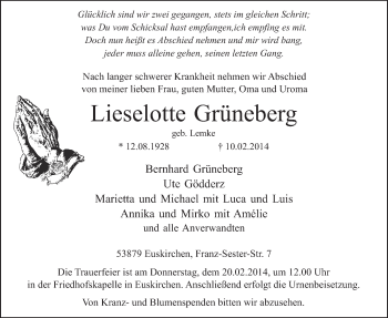 Anzeige von Lieselotte Grüneberg von  Blickpunkt Euskirchen 