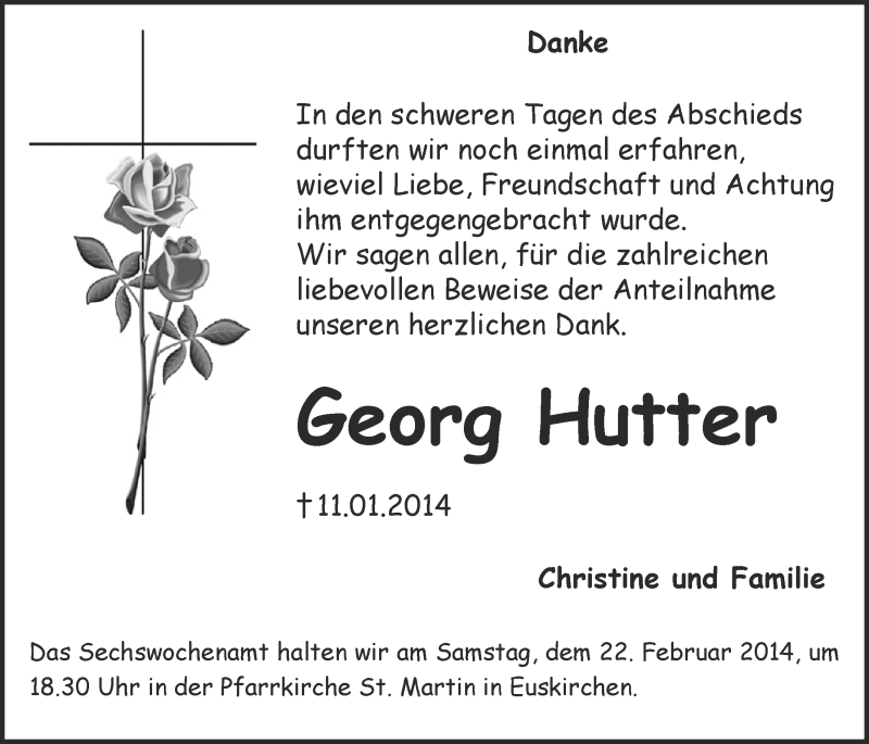  Traueranzeige für Georg Hutter vom 16.02.2014 aus  Blickpunkt Euskirchen 