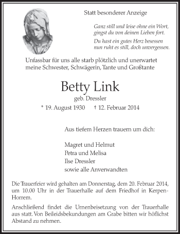 Anzeige von Betty Link von  Sonntags-Post 