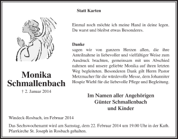 Anzeige von Monika Schmallenbach von  Anzeigen Echo  Lokalanzeiger 