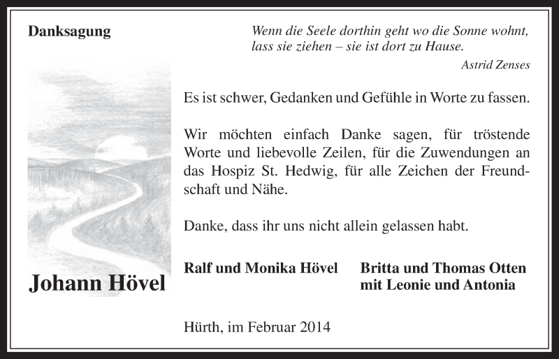  Traueranzeige für Johann Hövel vom 19.02.2014 aus  Wochenende 