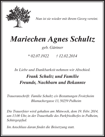 Anzeige von Mariechen Agnes Schultz von  Sonntags-Post 